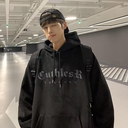 Mens Vintage Suede Letter Embroidered Hooded Sweatshirt
