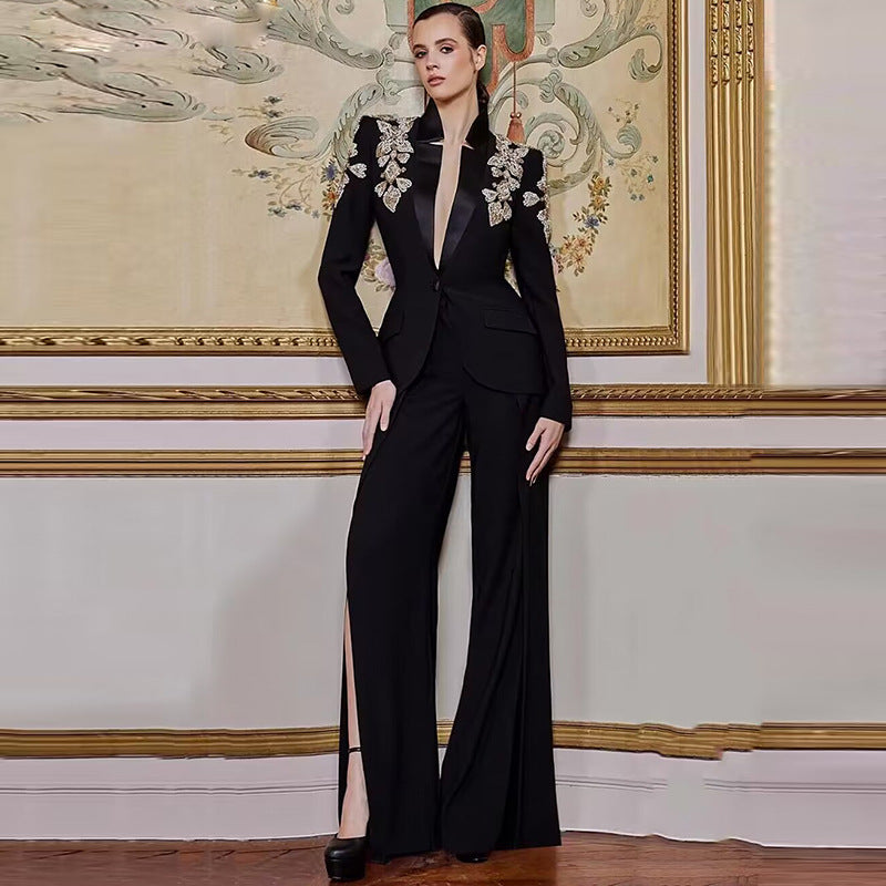 Rhinestone Embellished Blazer and Slit Pants Set