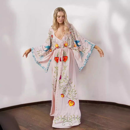 Retro long dress with openwork tassel decoration