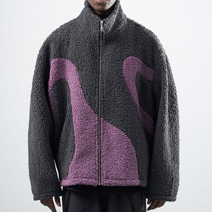 Contrast Color Lapel Coral Fleece Sweatshirt