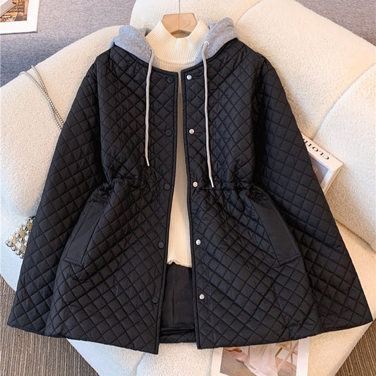 Black Hooded Quilted Cotton Jacket for Women