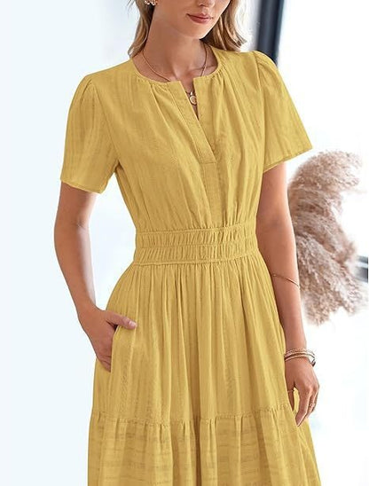 V-neck pleated puffed-sleeve maxi dress
