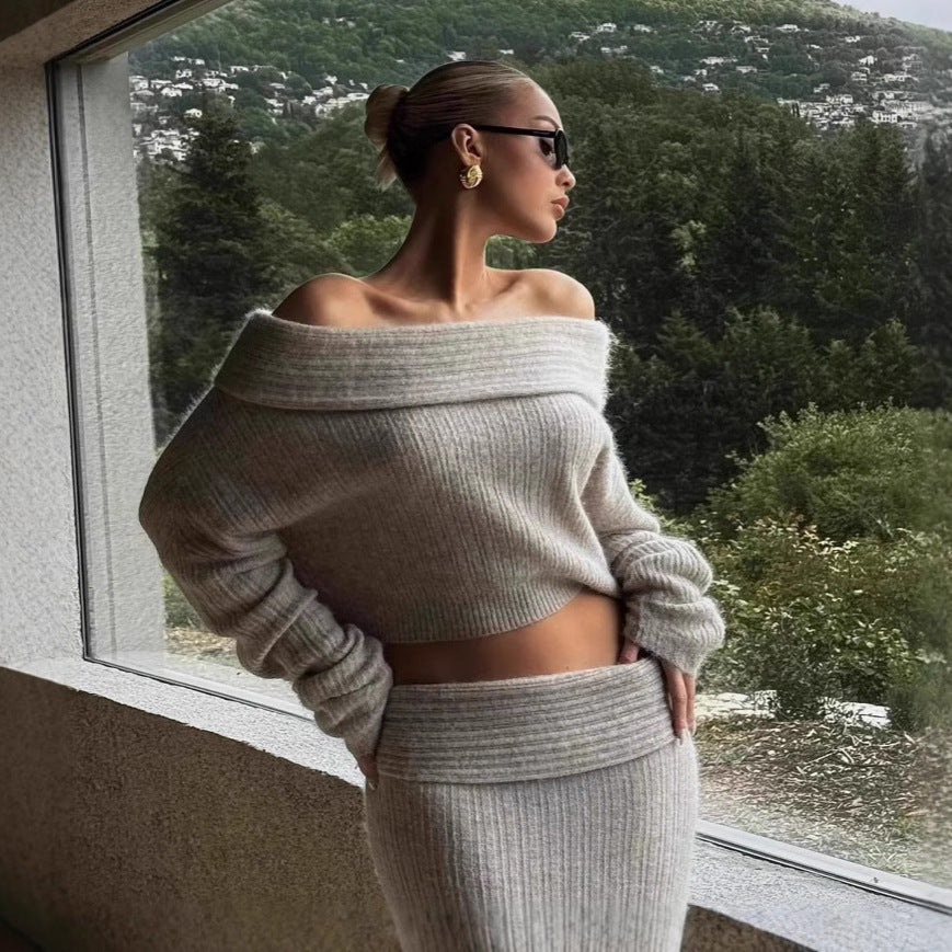 Women's Off-Shoulder Knit Top and Skirt