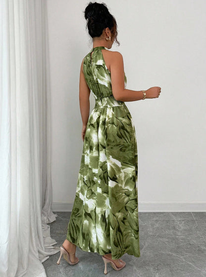 Floral Print Stand Collar A-Line Dress