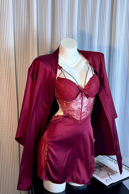 Lace Trim Ice Silk Pajama Set with Robe