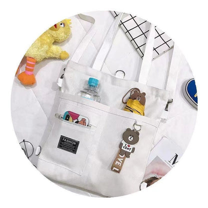 Women's Multiway Canvas Tote Bag with Bear Pendant - Crossbody/Shoulder/Backpack