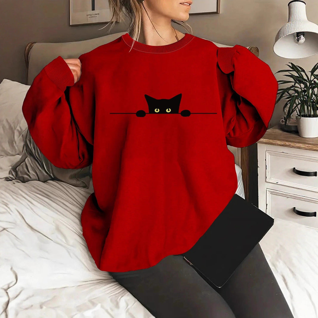 Cat Print Round Neck Sweatshirt