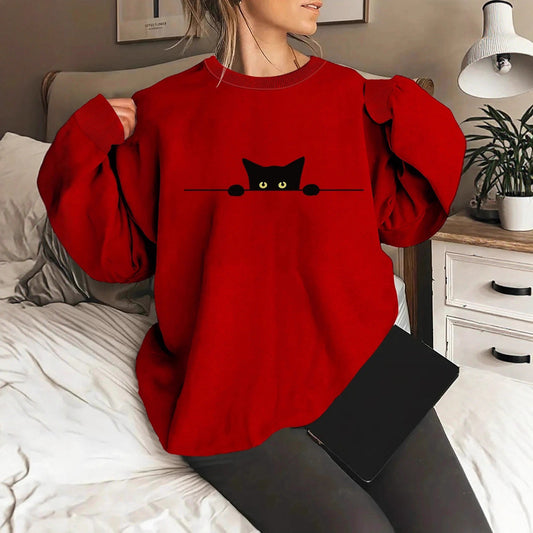 Cat Print Round Neck Sweatshirt