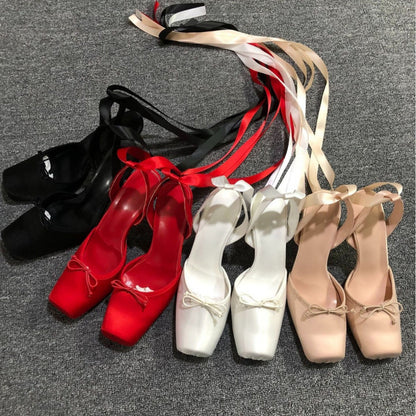 Stiletto Heel Square Toe Ankle Strap Satin Bow Sandals