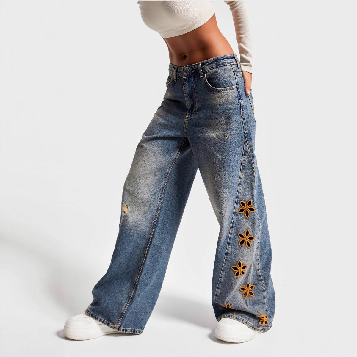 Embroidered High-Waisted Loose Denim Pants