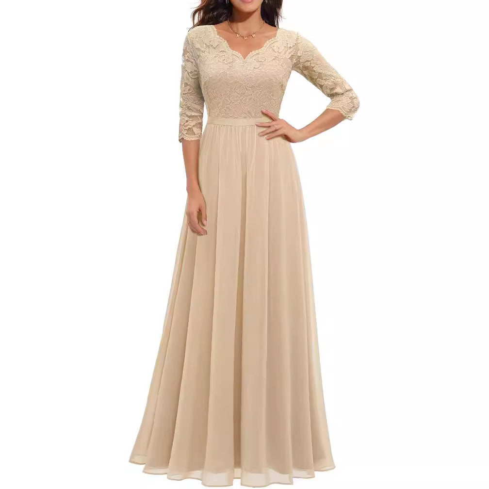Lace Splicing Long Waist-Cinching Dress