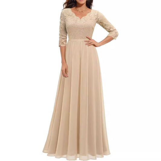 Lace Splicing Long Waist-Cinching Dress