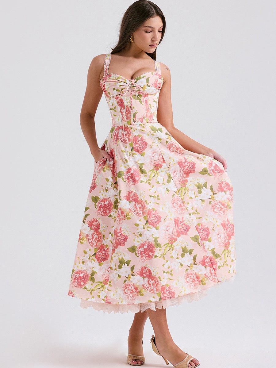 Floral Print Sling Dress with Lace Trim