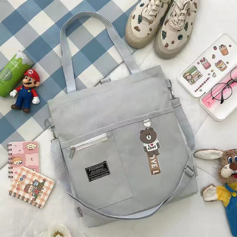 Women's Multiway Canvas Tote Bag with Bear Pendant - Crossbody/Shoulder/Backpack