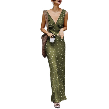 Satin Polka Dot Lace-up Waist Dress