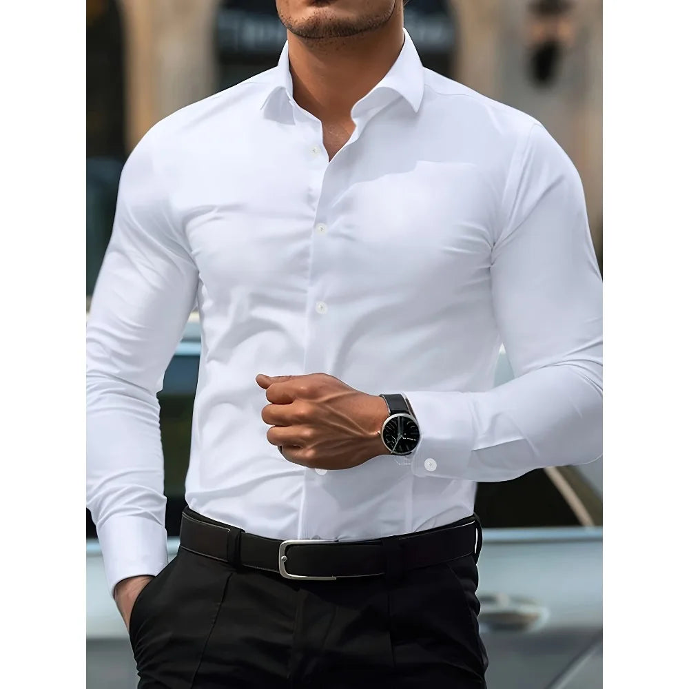 FGKKS New Men Shirt Brand New Solid Color Long Sleeve Elastic Fabric Men's Multiple Colors Male Quality Basic Shirt
