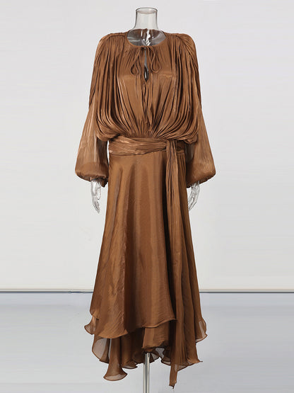 Brown Satin Lantern Sleeve Dress with Tie Waist