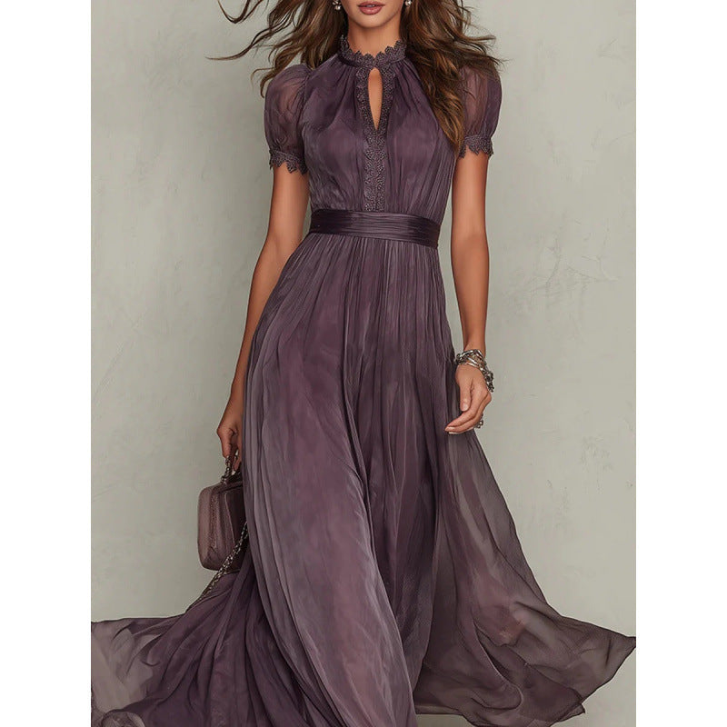 Purple Lace Trim Chiffon Dress