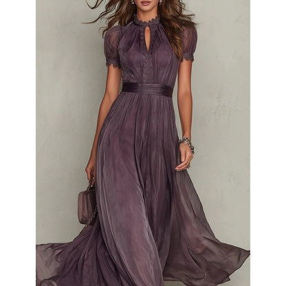 Purple Lace Trim Chiffon Dress