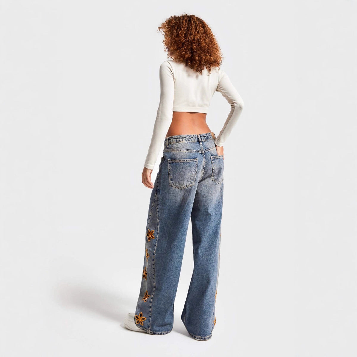 Embroidered High-Waisted Loose Denim Pants
