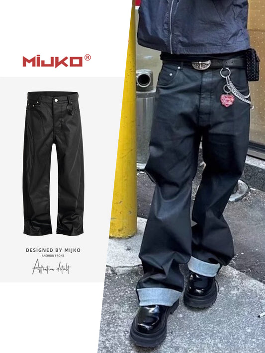 Wax Coated Straight Leg Denim Pants