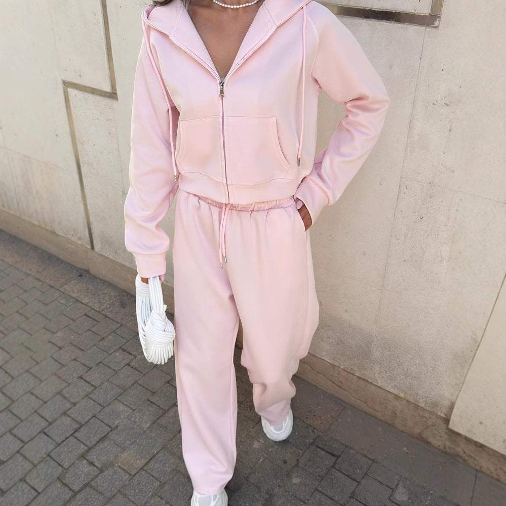 Casual sportswear set with hooded jacket and drawstring pants