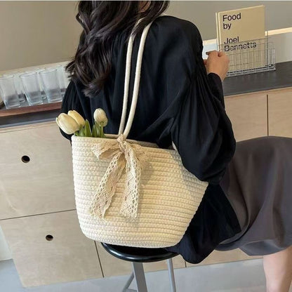 Woven Straw Beach Tote Bag with Cotton Lining