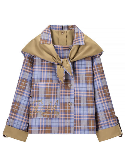 Reversible Plaid Embroidery Navy Collar Jacket