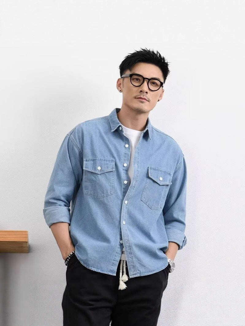 Mens Denim Shirt Loose Fit Long Sleeve