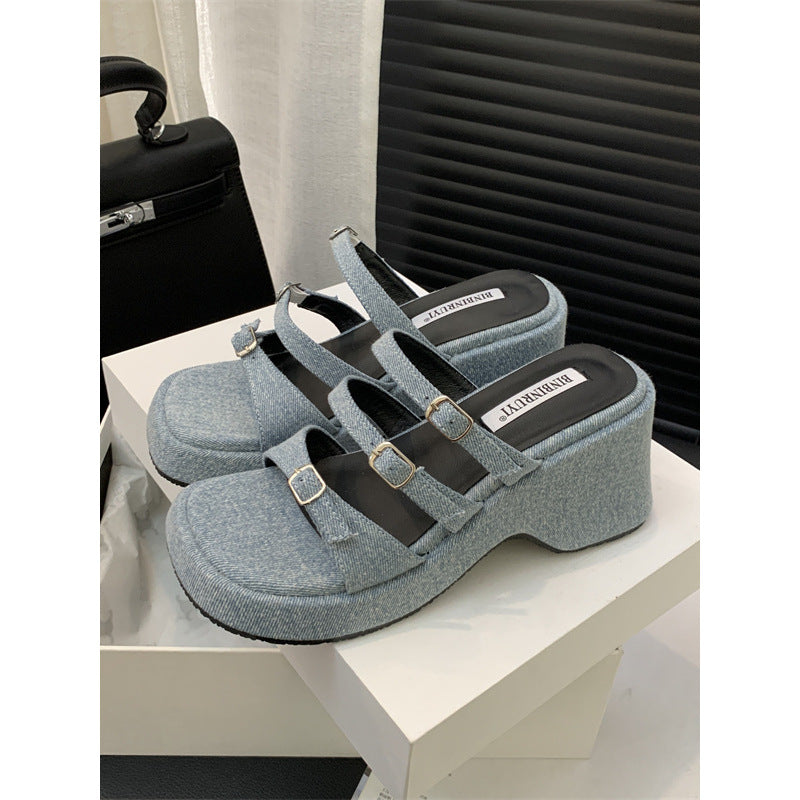 Denim Blue Buckle Sandals with Thick Sole