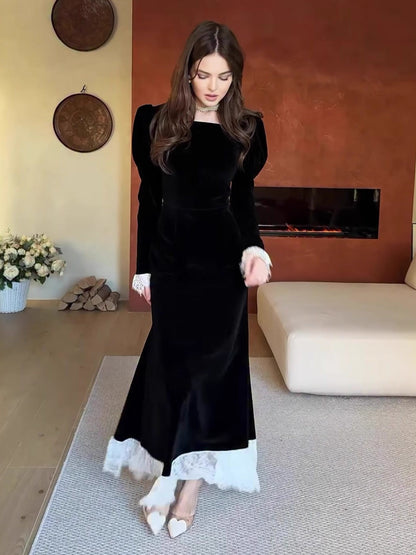 Long Sleeve Square Neck Velvet Dress