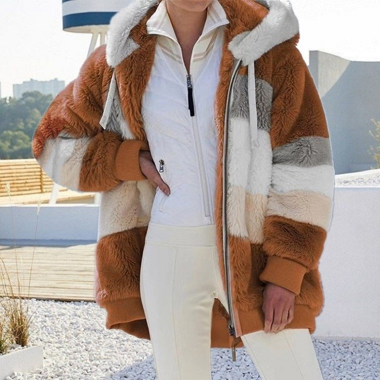 Zipper Pocket Hooded Loose Coat Women
