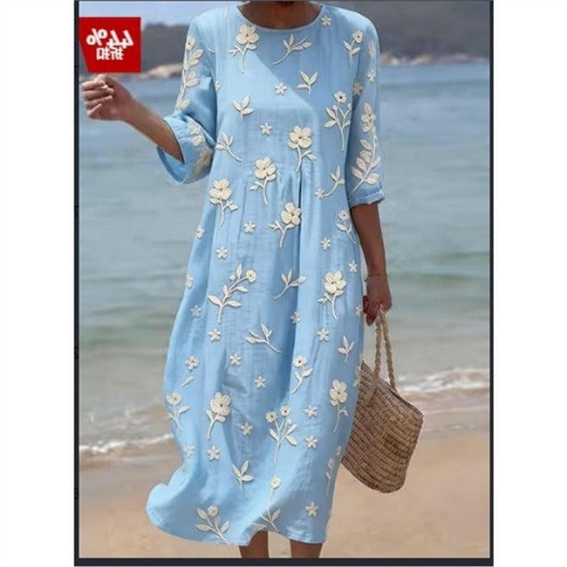 Women's Mid-Length Sleeve Dress with Side Pockets