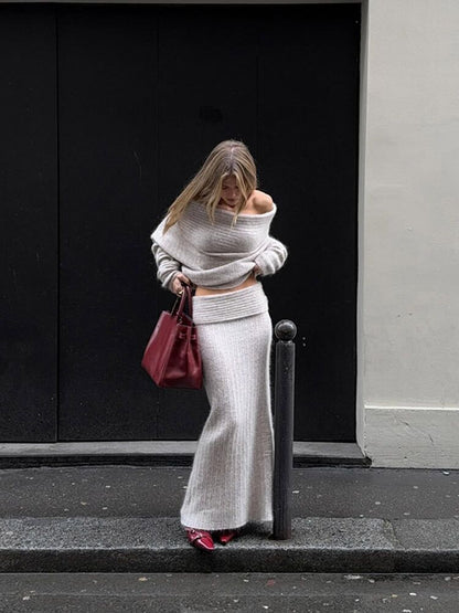 Women's Off-Shoulder Knit Top and Skirt