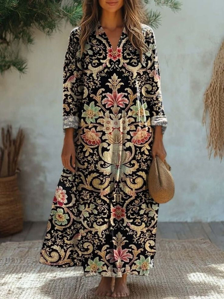Womens Floral Print V-Neck Long Sleeve Dress