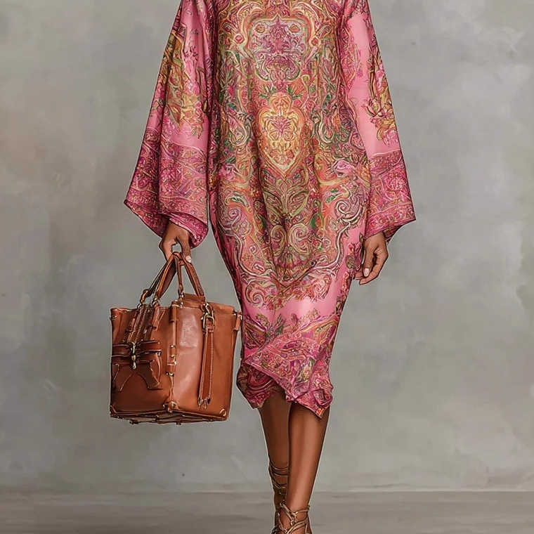 Flowy Bell Sleeve Digital Print Dress