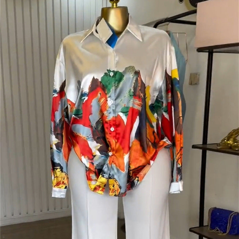 Printed Long-Sleeved Shirt Wide-Leg Pants
