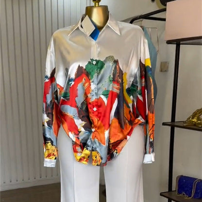Printed Long-Sleeved Shirt Wide-Leg Pants