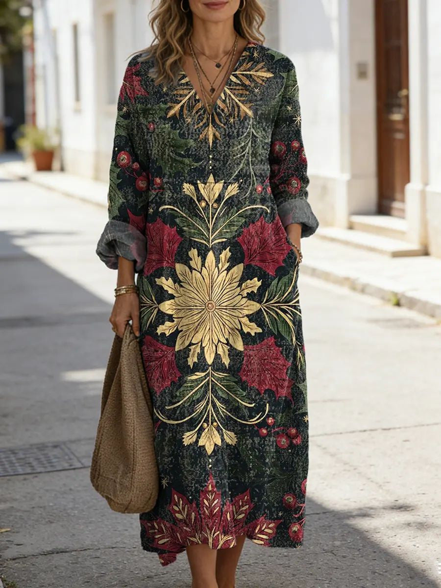 Womens Floral Print V-Neck Long Sleeve Dress
