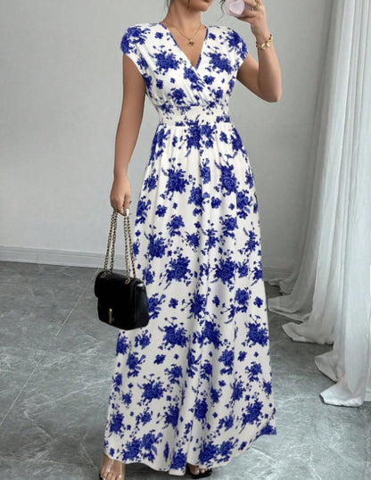 Floral Print V-Neck Lace-Up A-Line Dress