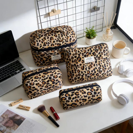 Retro Leopard Print Cosmetic Bag with Partition Storage