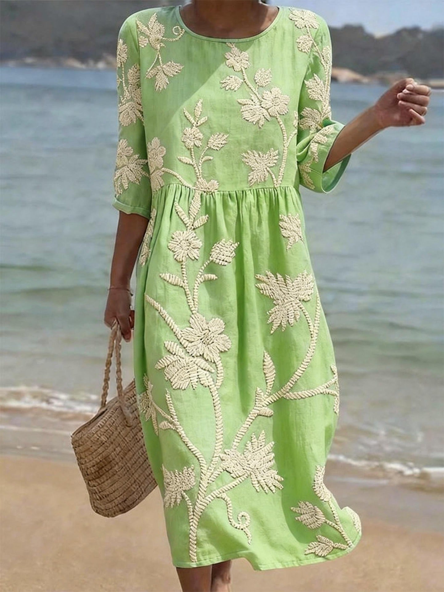 Women's Mid-Length Sleeve Dress with Side Pockets
