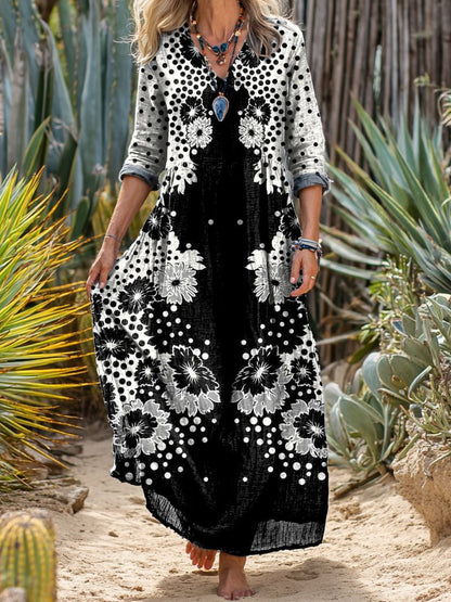 Womens Floral Print V-Neck Long Sleeve Dress