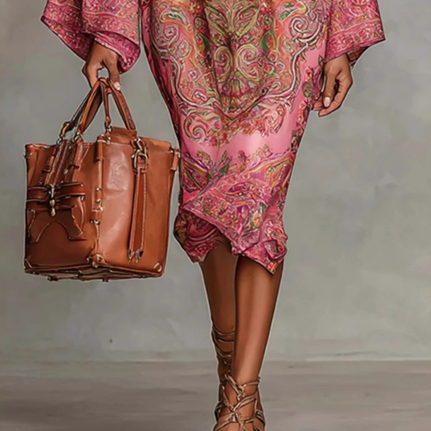 Flowy Bell Sleeve Digital Print Dress