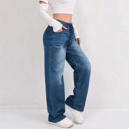 Relaxed-fit, drawstring, wide-leg, washed, comfortable women's jeans