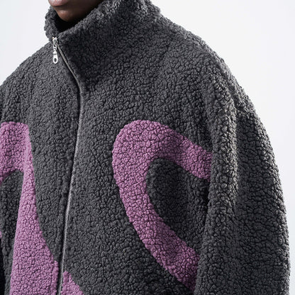 Contrast Color Lapel Coral Fleece Sweatshirt