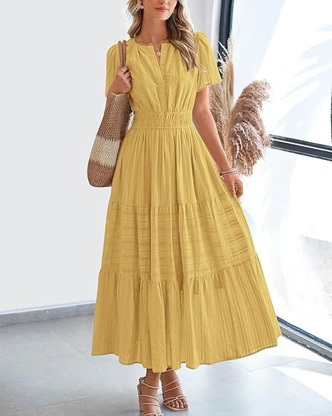 V-neck pleated puffed-sleeve maxi dress