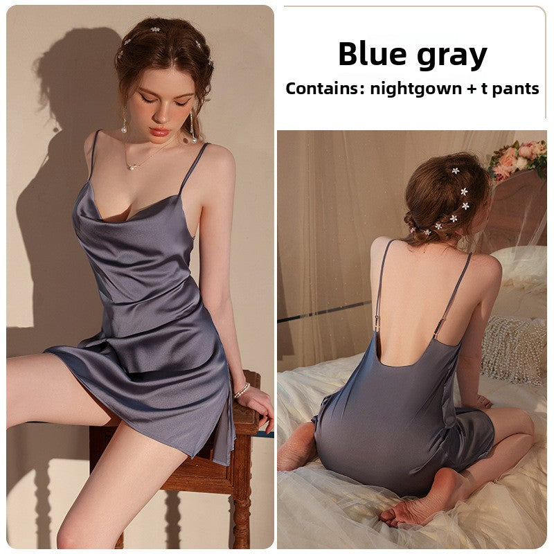 Spaghetti-strap ice-silk nightgown