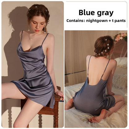 Spaghetti-strap ice-silk nightgown