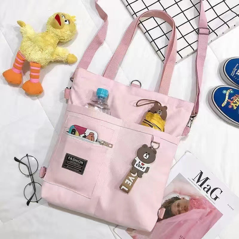 Women's Multiway Canvas Tote Bag with Bear Pendant - Crossbody/Shoulder/Backpack